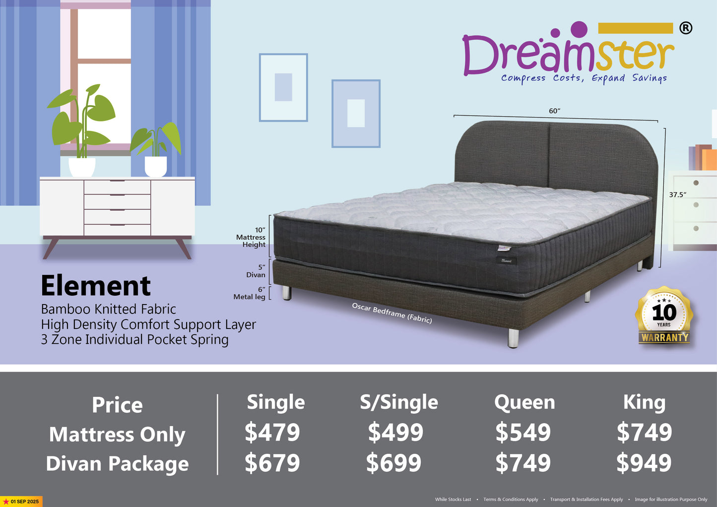 Dreamster Element Individual Pocketed Spring Mattress Bundle