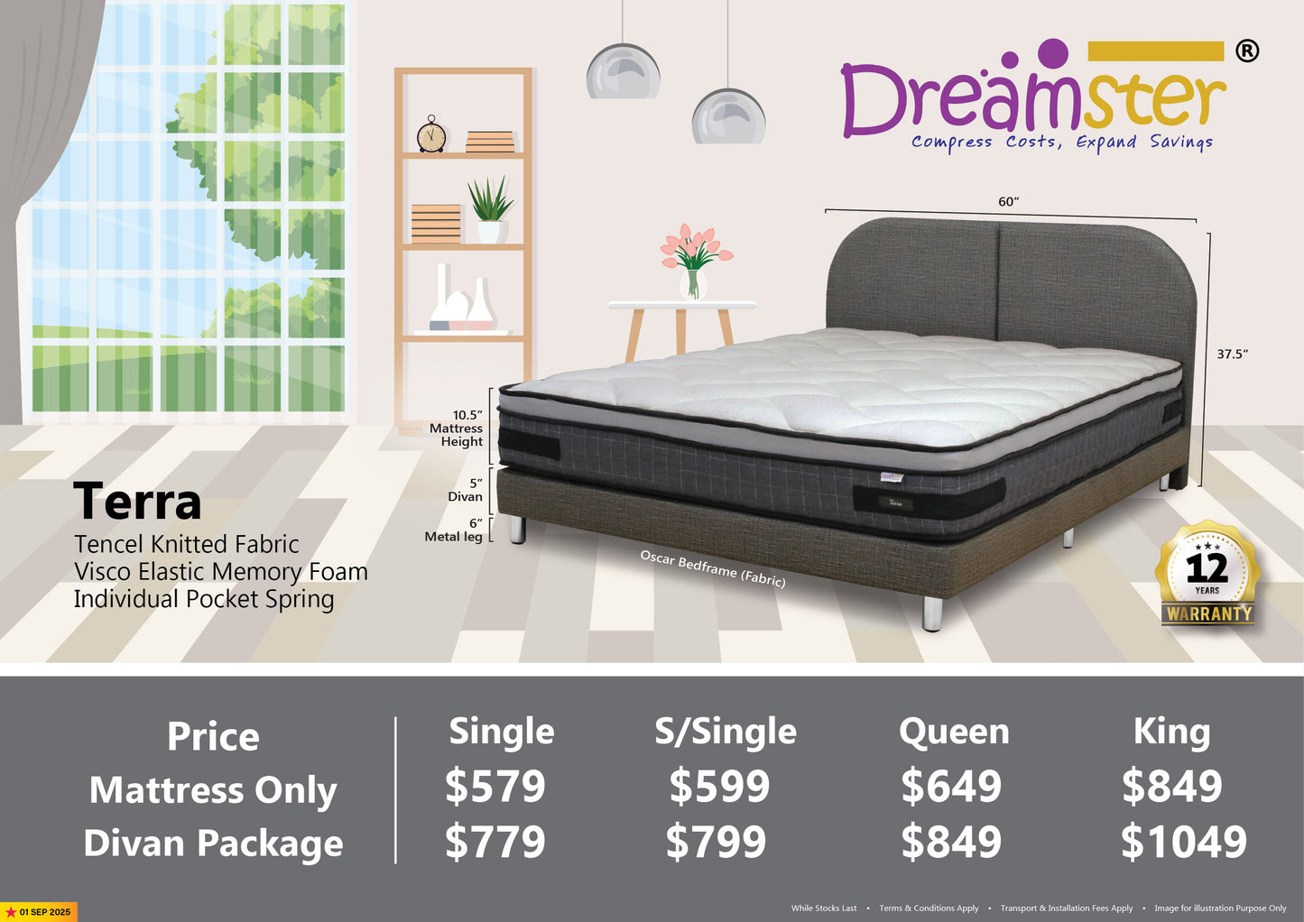 Dreamster Terra Memory Foam Individual Pocketed Spring Mattress Bundle