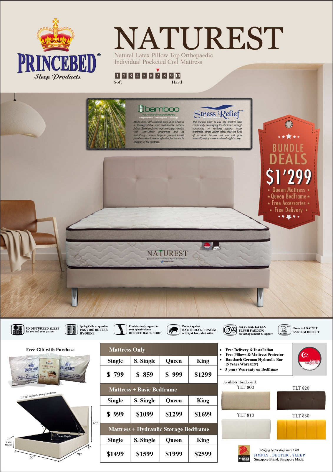Princebed Naturest Latex Pocketed Spring Mattress + Bedframe Bundle