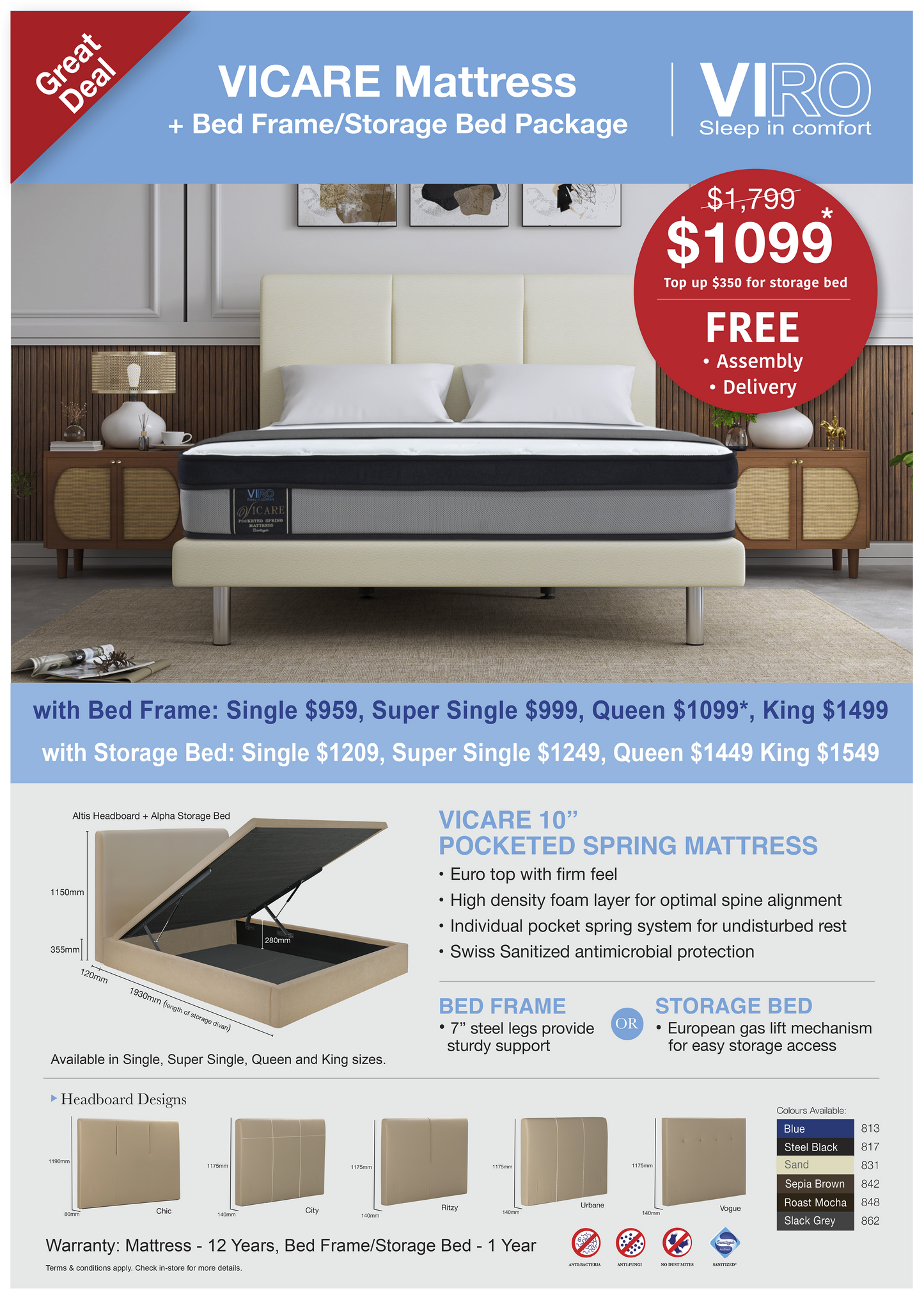 viro vicare pocketed spring mattress bundle
