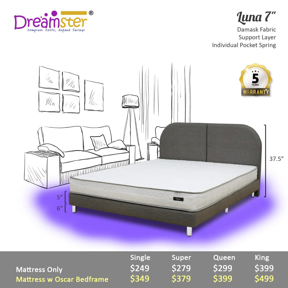 Dreamster Luna Individual Pocketed Spring Mattress Bundle SGmattress