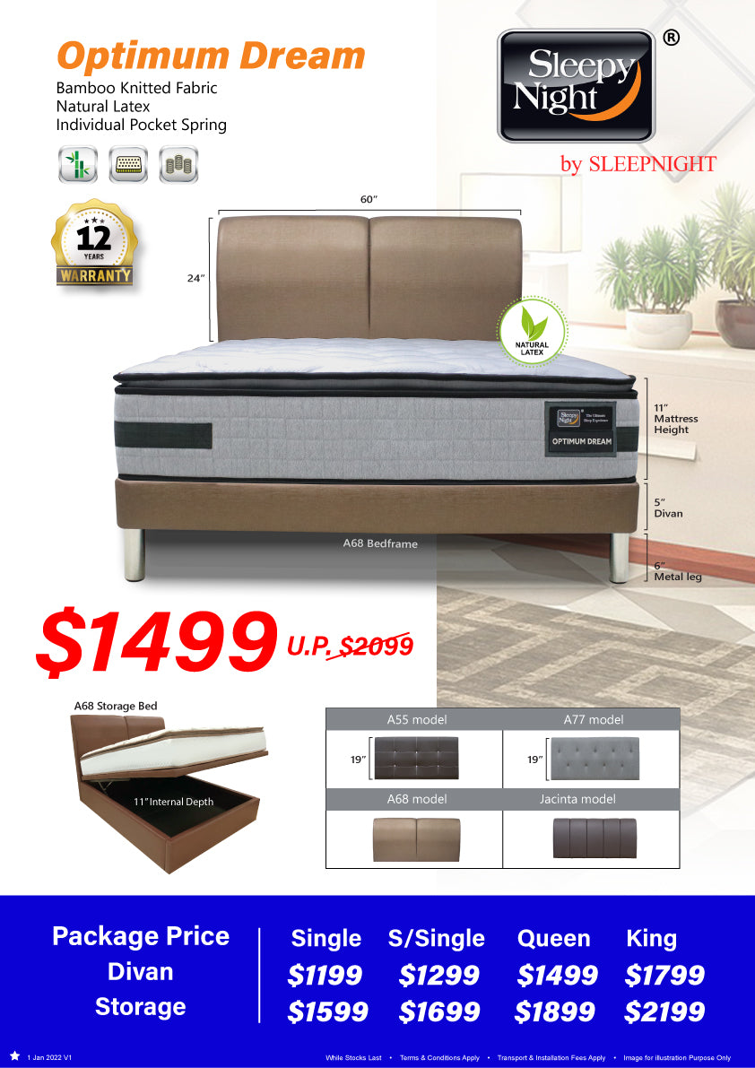 Sleepynight Optimum Dream Latex Pillow Top Pocketed Spring Mattress Bundle (Free Bedframe!)
