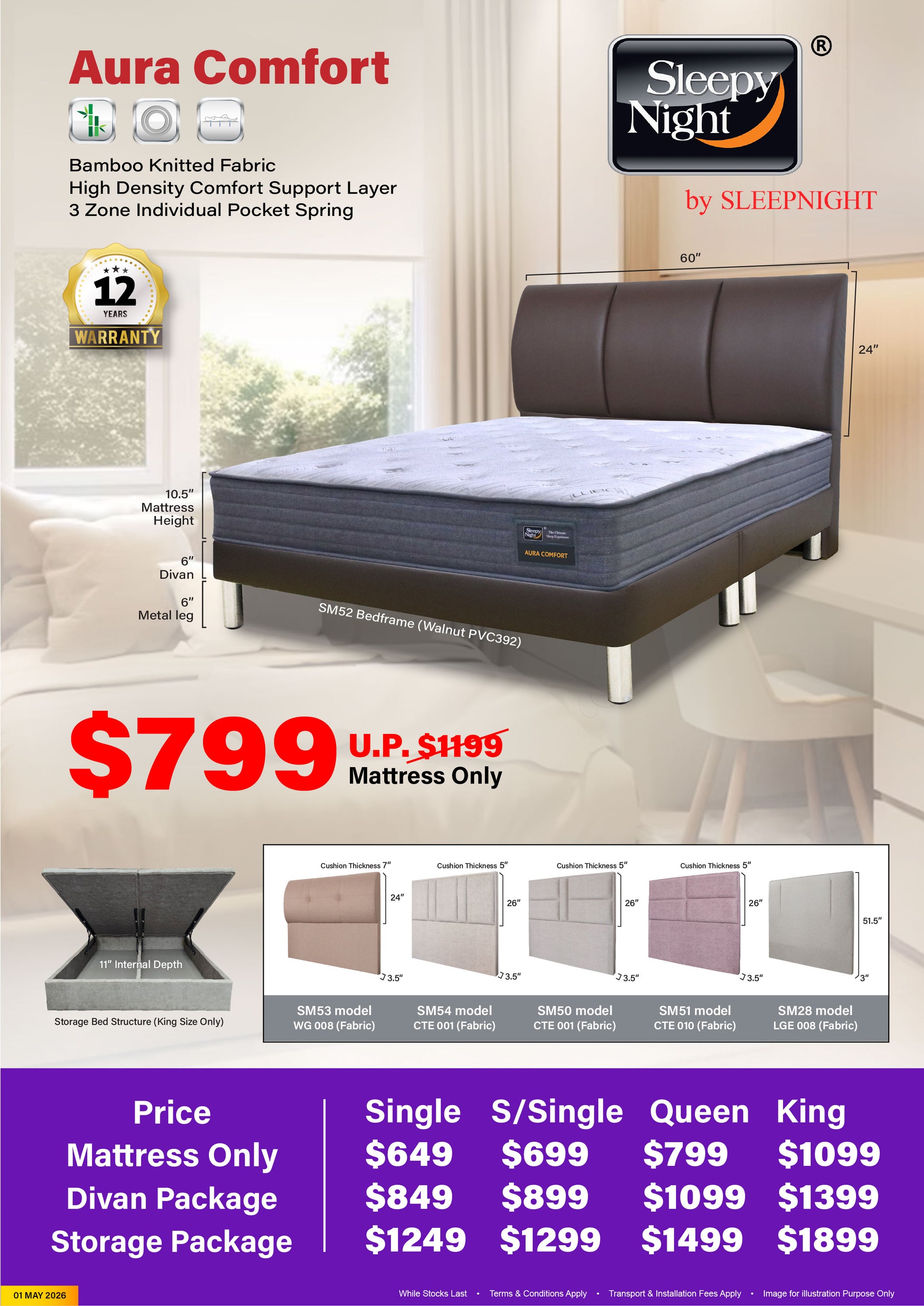 Sleepynight Aura Comfort Individual Pocketed Spring Mattress Bundle