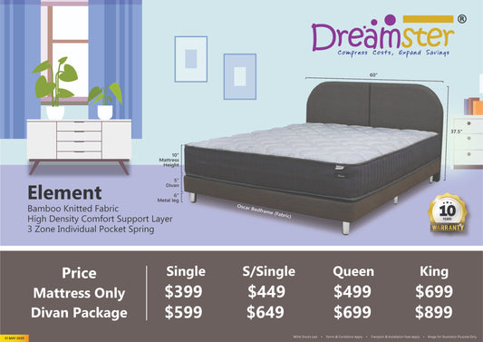 Dreamster Element 3 Zone Individual Pocketed Spring Mattress Bundle