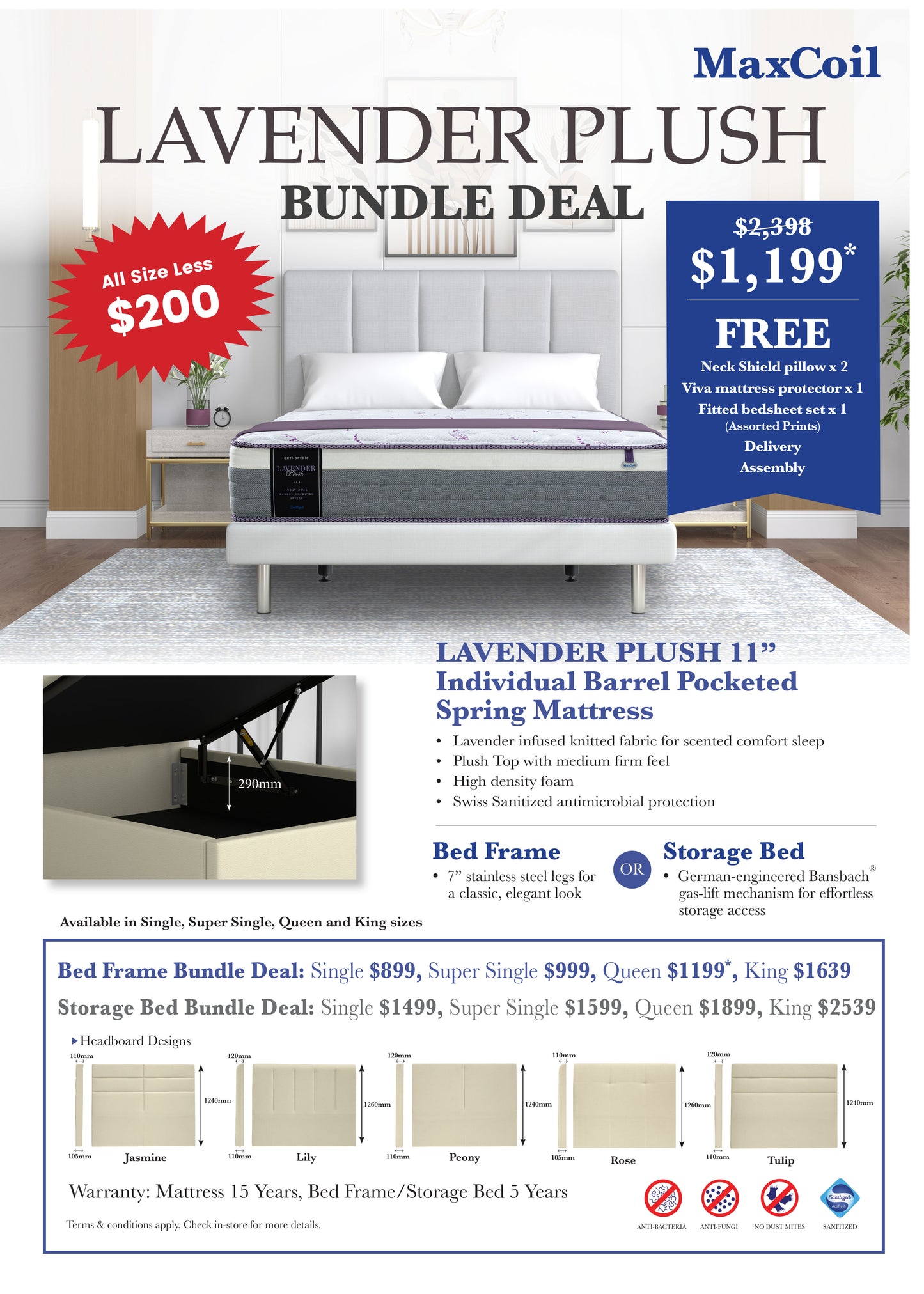 Maxcoil Lavender Plush Individual Pocketed Spring Mattress Bundle (Free Bedframe!)