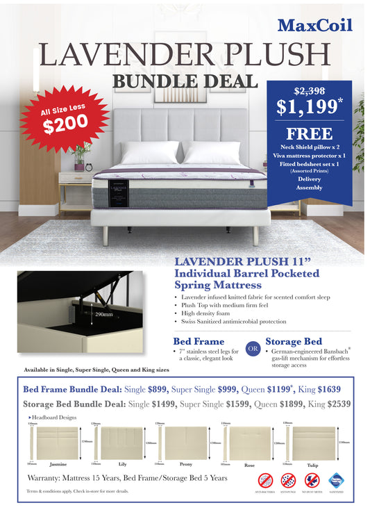 Maxcoil Lavender Plush Individual Pocketed Spring Mattress Bundle (Free Bedframe!)