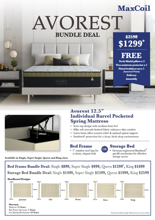 Maxcoil Avorest Individual Pocketed Spring Mattress Bundle (Free Bedframe!)