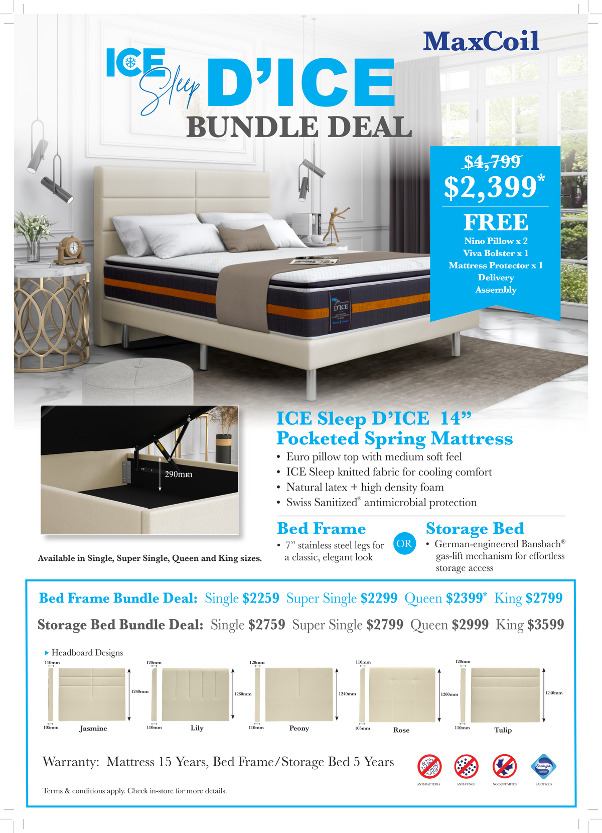 maxcoil ice sleep d'ice individual pocketed spring mattress bundle