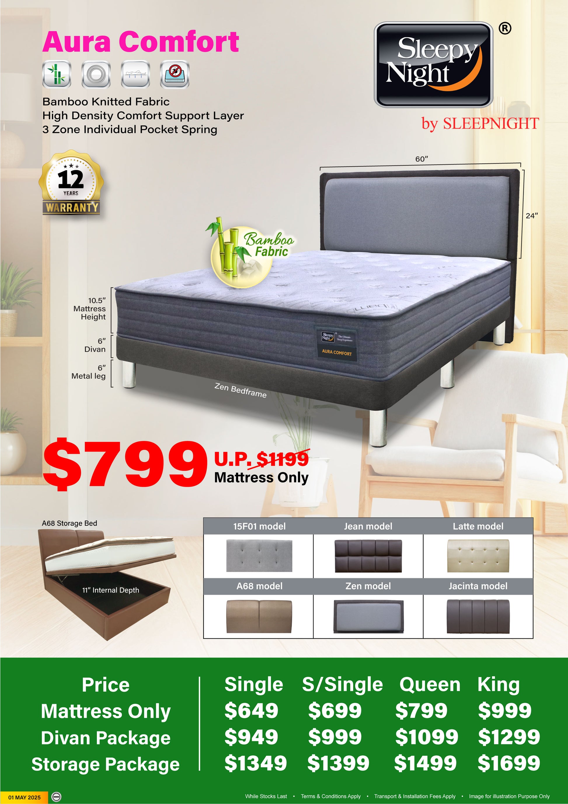 Sleepynight Aura Comfort Individual Pocketed Spring Mattress Bundle