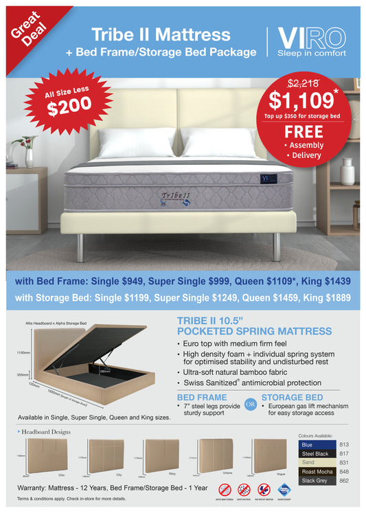 Viro Tribe II Pocketed Spring Mattress + Bedframe Bundle Promo