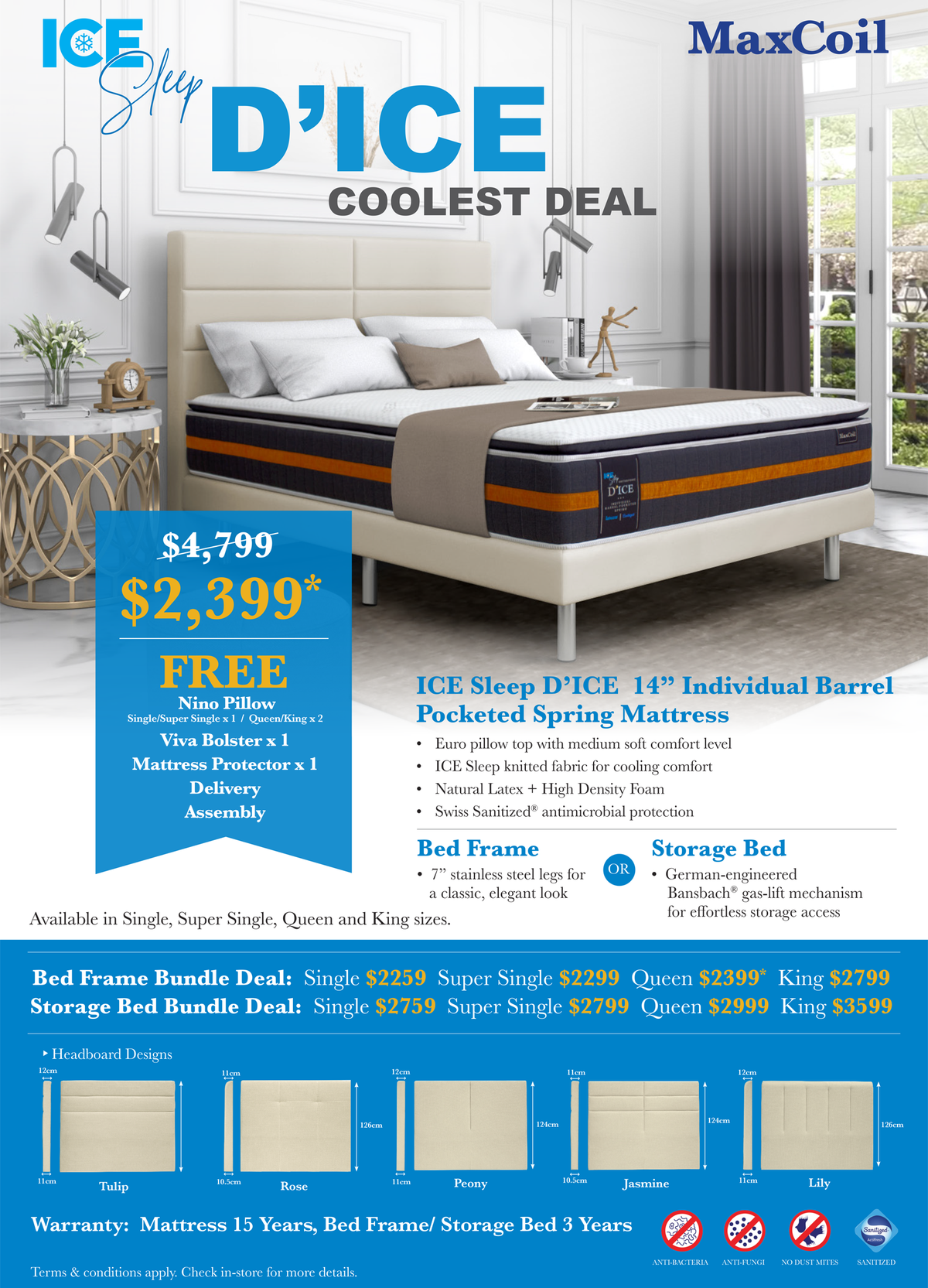 maxcoil ice sleep d'ice individual pocketed spring mattress bundle