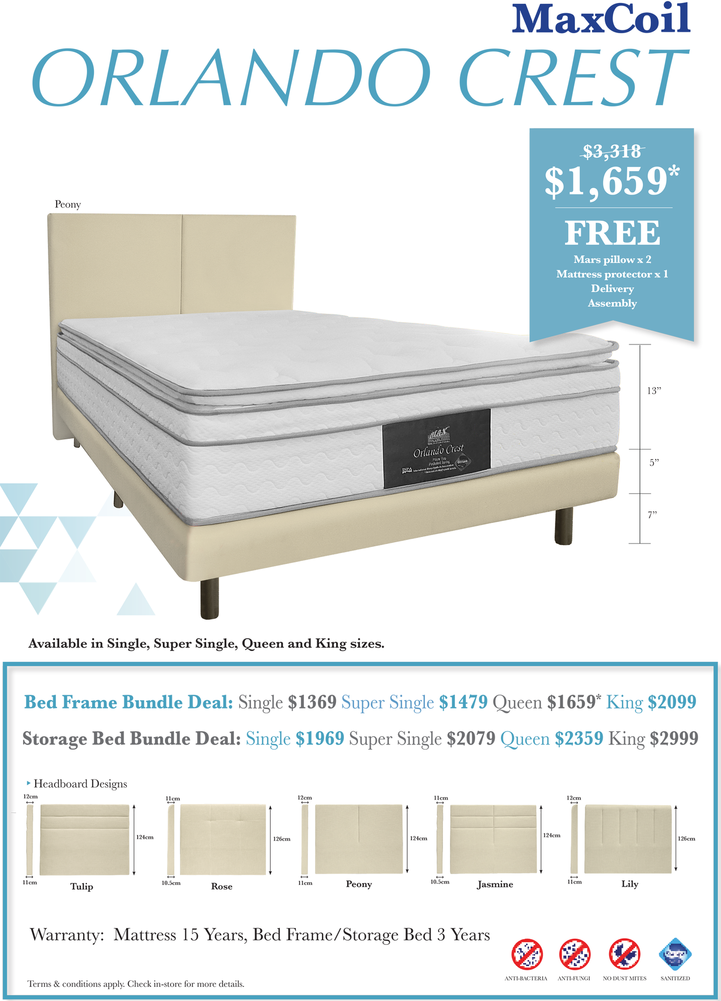 Maxcoil Orlando Crest Pillow Top Individual Pocketed Spring Mattress Bundle Free Bedframe
