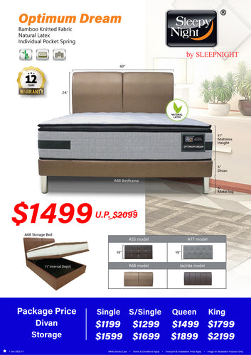 Sleepynight Optimum Dream Latex Pillow Top Pocketed Spring Mattress Bundle (Free Bedframe!)